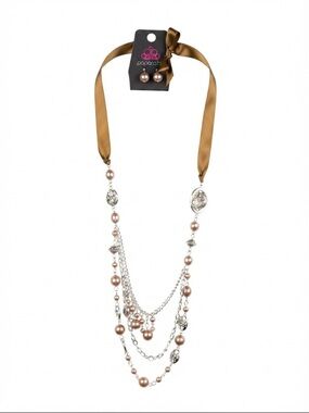 paparazzi Rose Gold Pearl and Silver Multi-Strand Necklace with Brown Ribbon